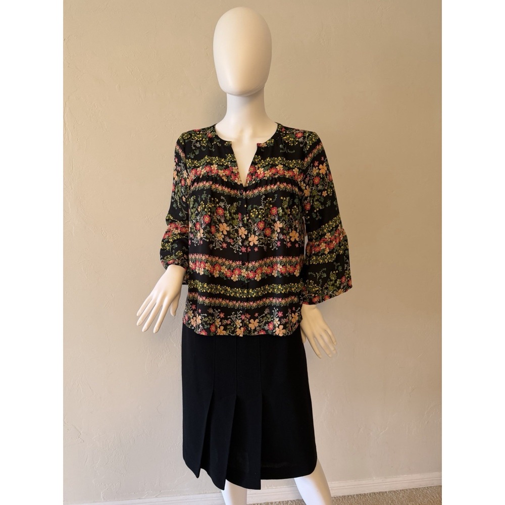 Jack by BB Dakota Women's Floral Button Blouse Black Pink 3/4 Bell Sleeve S